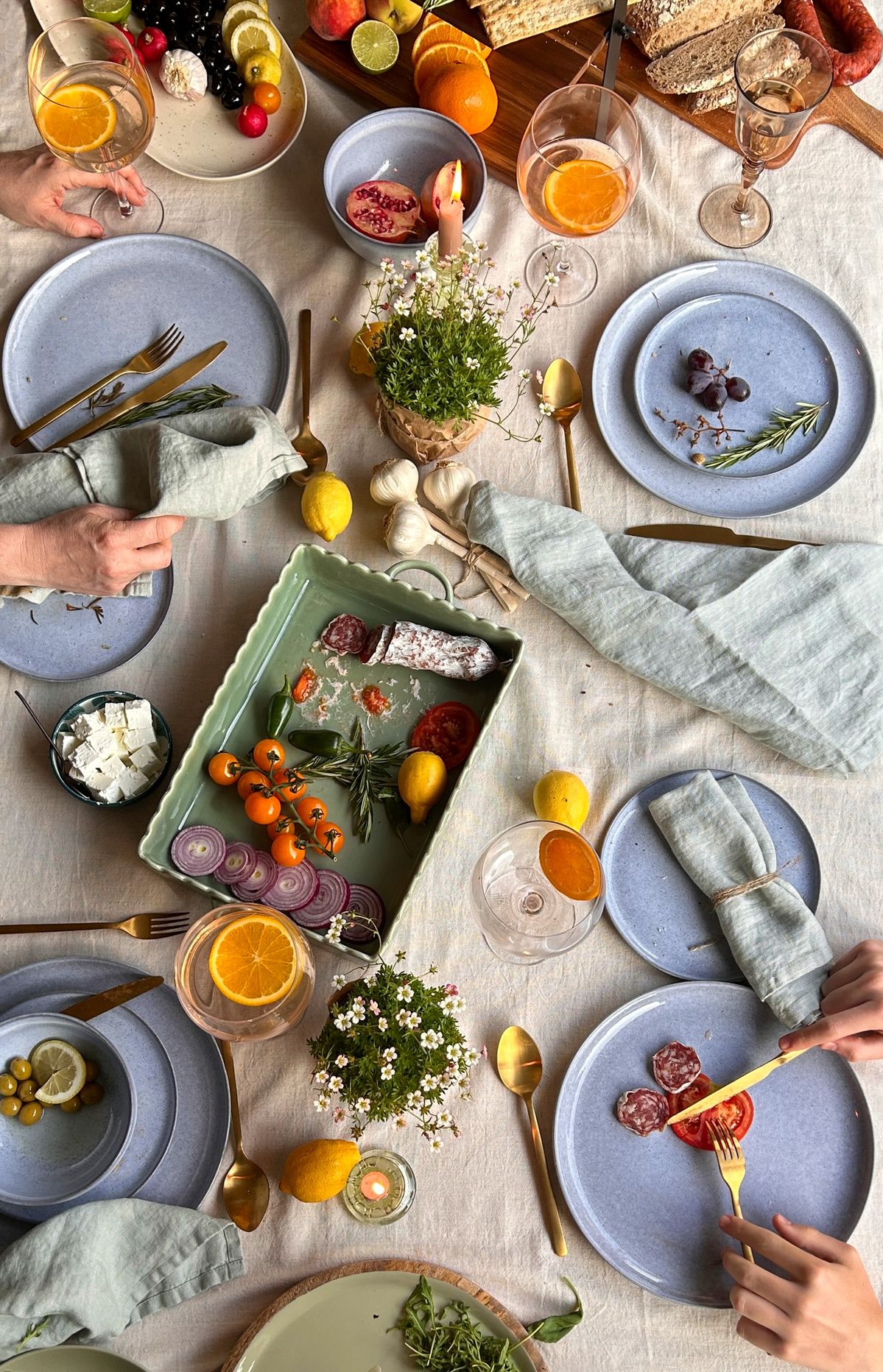 A table set with plant-based dishes and drinks
