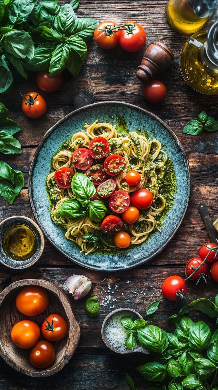 Garden pesto linguine topped with cherry tomatoes and herbs